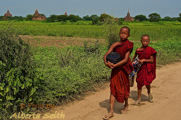 Young Monks Walk near the Sulamani Pagoda