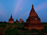 Sunset Moon over Bagan Pagodas