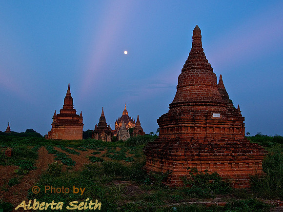 Sunset Moon over Bagan Pagodas