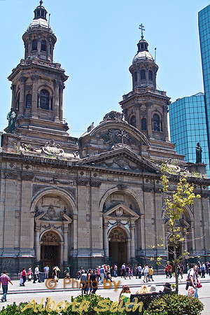 The Cathedral of Santiago de Compostela at the Plaza de Armas in Santiago Sits Amid Brilliant Glass Skyscrapers