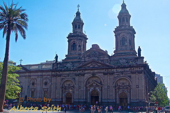 A Chilean Palm Tree Off-sets the Santiago Cathedral in the Late Afternoon Sun
